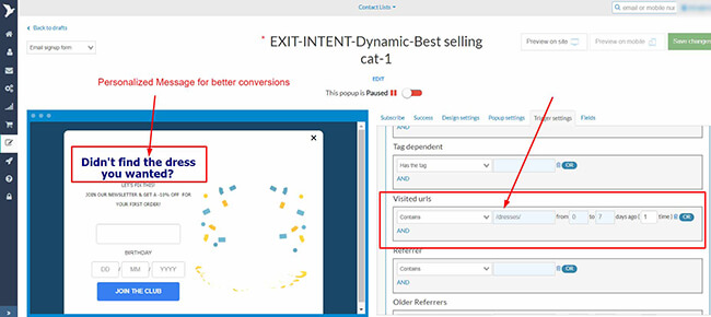 dynamic exit intent popup example contactpigeon