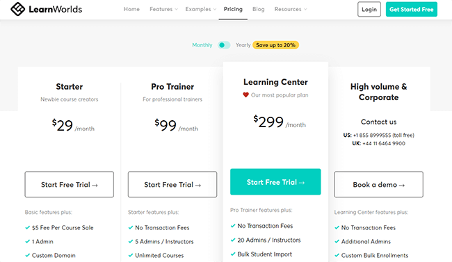 LearnWorlds Plans Pricing
