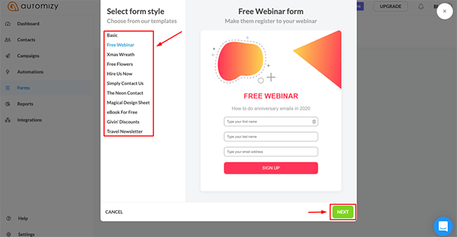 Automizy form and landing page builder