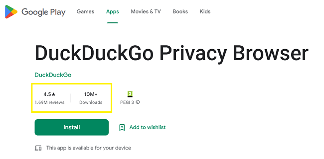 DuckDuckGo has 10m+ downloads on Google Play