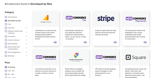 765 extensions available, 83 of them were developed by WooCommerce itself.