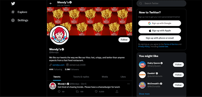 Wendys Twitter profile
